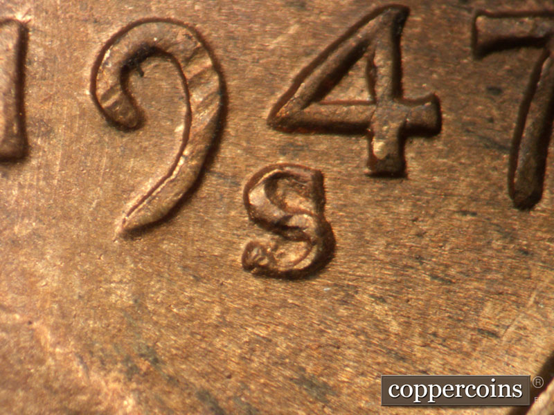 1947 Lincoln cent obverse, CopperCoins die 1947S•1MM•011.