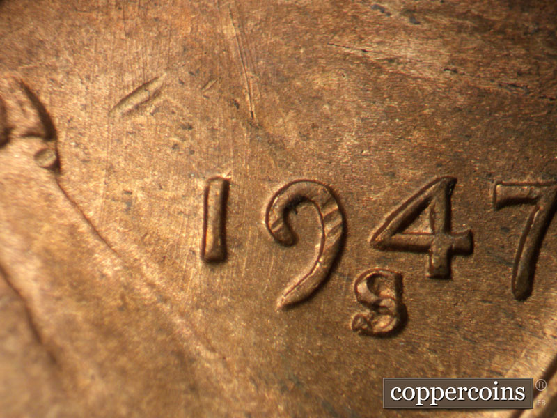 Die-stage B marker on 1947S•1MM•011 (1947 Repunched Mint Mark).