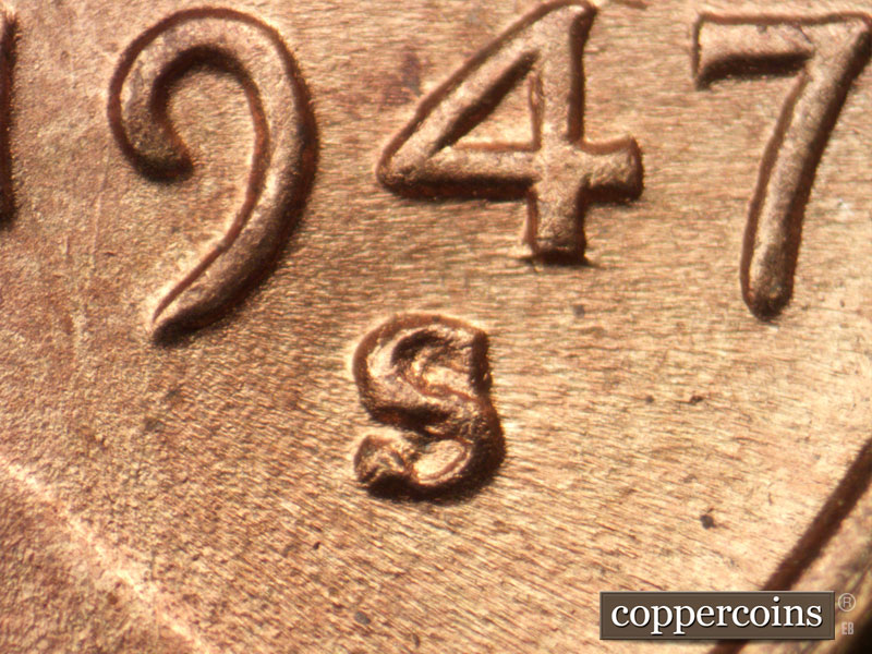 1947 Lincoln cent obverse, CopperCoins die 1947S•1MM•012.