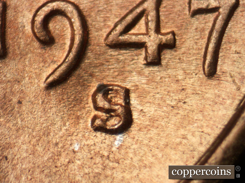 1947 Lincoln cent obverse, CopperCoins die 1947S•1MM•013.