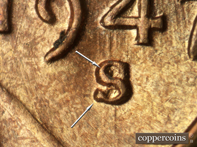 1947 Lincoln cent obverse, CopperCoins die 1947S•1MM•014.