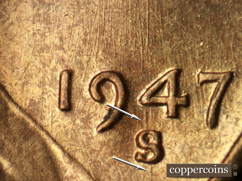 Die-stage B marker on 1947S•1MM•014 (1947 Repunched Mint Mark).
