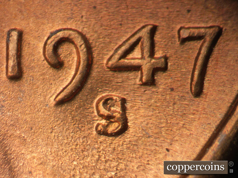 1947 Lincoln cent obverse, CopperCoins die 1947S•1MM•016.
