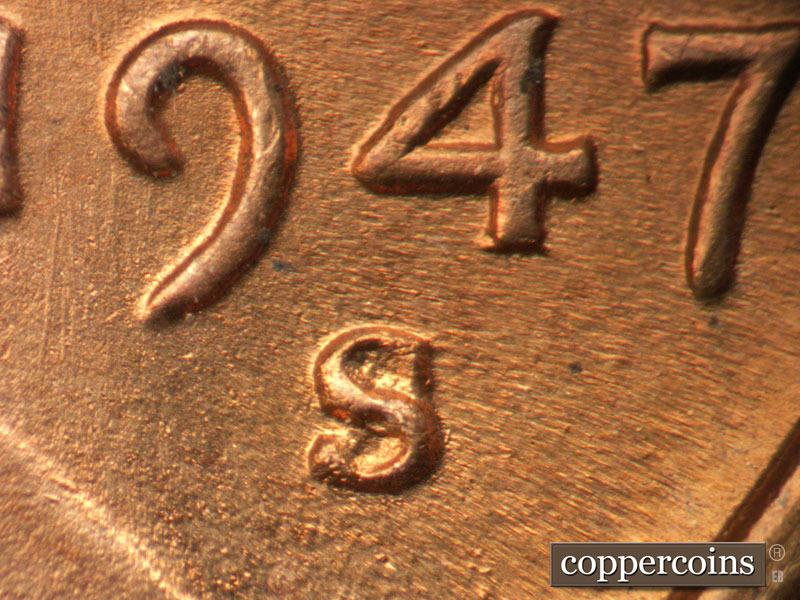 1947 Lincoln cent obverse, CopperCoins die 1947S•1MM•017.