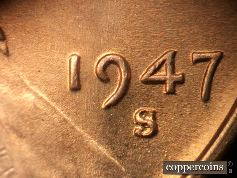 Die-stage B marker on 1947S•1MM•017 (1947 Repunched Mint Mark).
