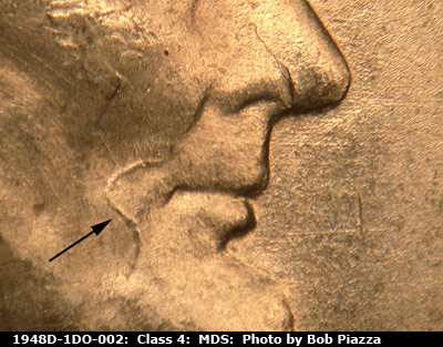 Die-stage B marker on 1948D•1DO•002 (1948 Doubled Die Obverse).