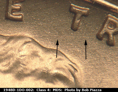 Die-stage B marker on 1948D•1DO•002 (1948 Doubled Die Obverse).