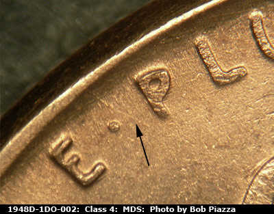Die-stage B marker on 1948D•1DO•002 (1948 Doubled Die Obverse).