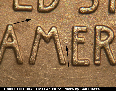 Die-stage B marker on 1948D•1DO•002 (1948 Doubled Die Obverse).