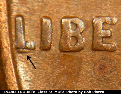 Die-stage B marker on 1948D•1DO•003 (1948 Doubled Die Obverse).