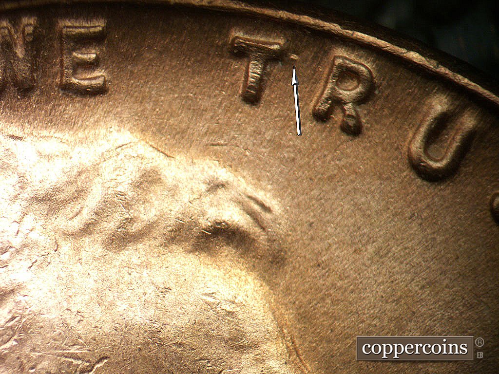 Die-stage B marker on 1948D•1DO•004 showing Doubling on first T in TRUST.