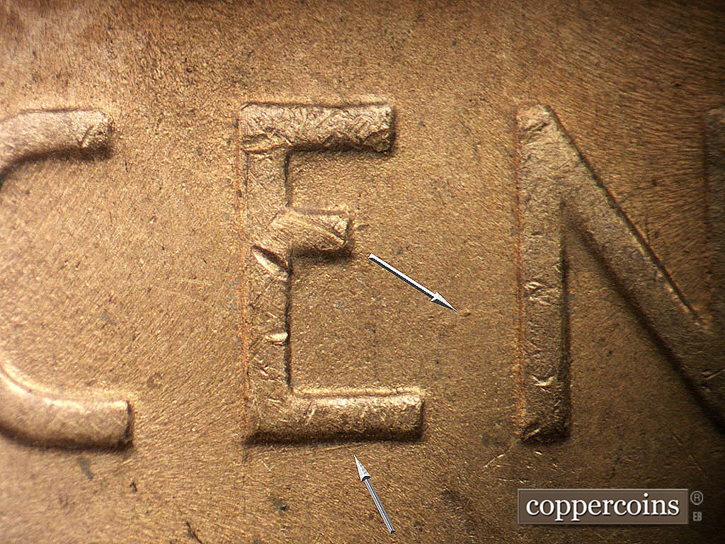 Die-stage B marker on 1948D•1DO•004 showing Die dot between EN in CENT. WSW die scratch from bottom of E in CENT.