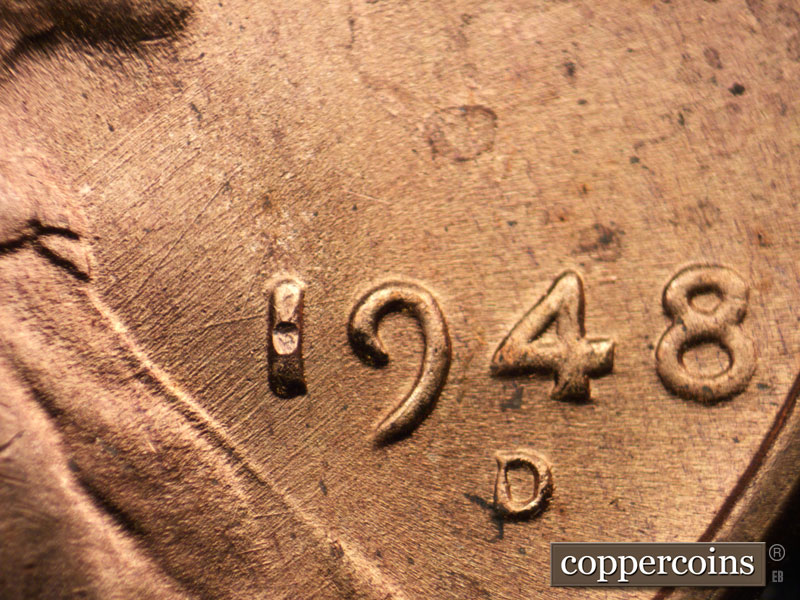 Die-stage B marker on 1948D•1DO•005 (1948 Doubled Die Obverse).