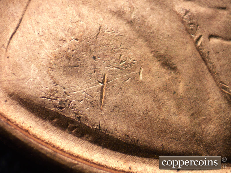 Die-stage B marker on 1948D•1DO•005 (1948 Doubled Die Obverse).