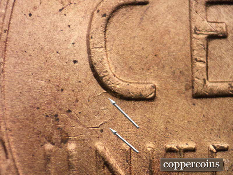 Die-stage B marker on 1948D•1DO•005 (1948 Doubled Die Obverse).
