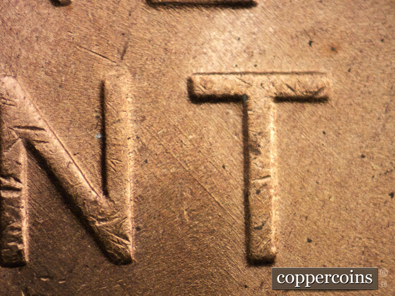 Die-stage B marker on 1948D•1DO•005 (1948 Doubled Die Obverse).