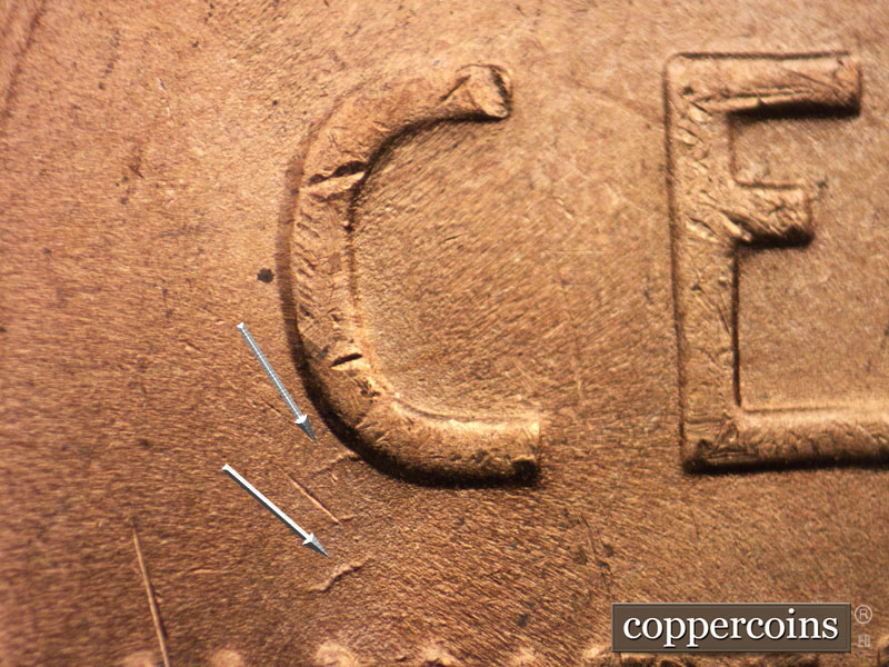 Die-stage C marker on 1948D•1DO•005 (1948 Doubled Die Obverse).
