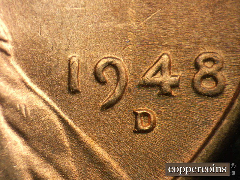 Die-stage B marker on 1948D•1DO•006 (1948 Doubled Die Obverse).