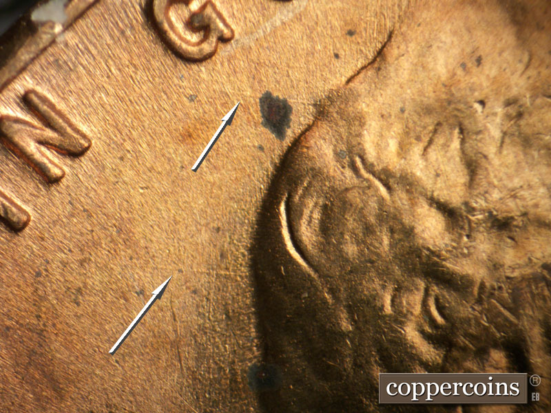 Die-stage B marker on 1948D•1DO•006 (1948 Doubled Die Obverse).