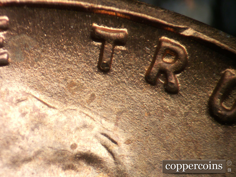 Die-stage A marker on 1948D•1DO•007 (1948 Doubled Die Obverse).