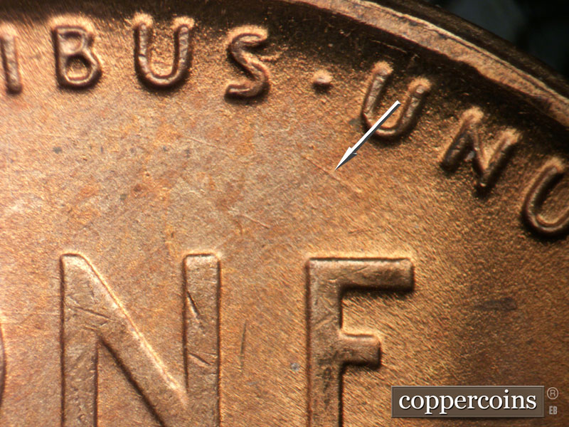 Die-stage A marker on 1948D•1DO•007 (1948 Doubled Die Obverse).