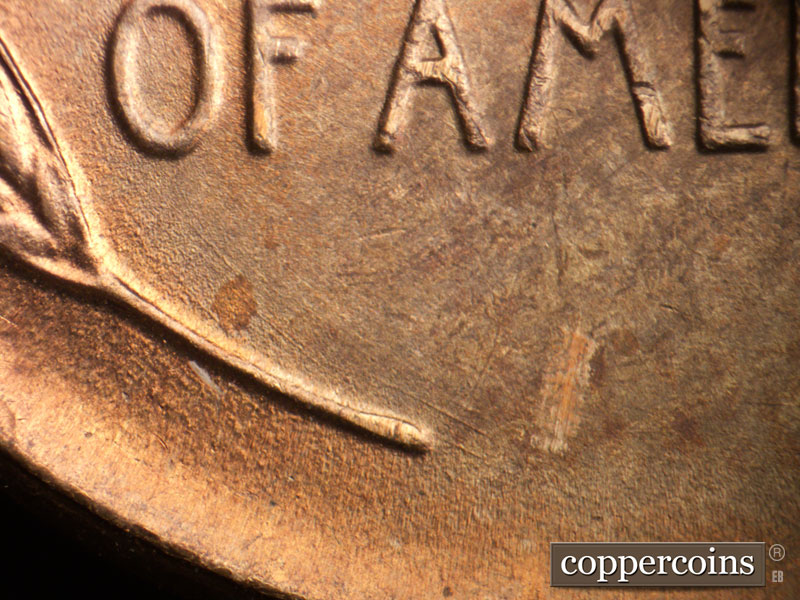Die-stage A marker on 1948D•1DO•007 (1948 Doubled Die Obverse).