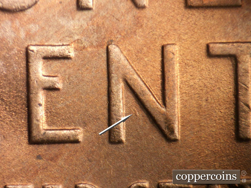 Die-stage A marker on 1948D•1DO•007 (1948 Doubled Die Obverse).