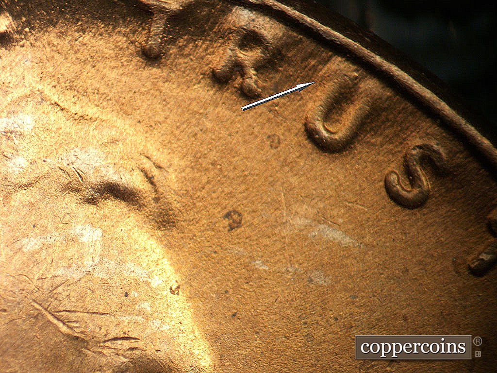 Die-stage C marker on 1948D•1DO•008 showing Unique die wear on U in TRUST.