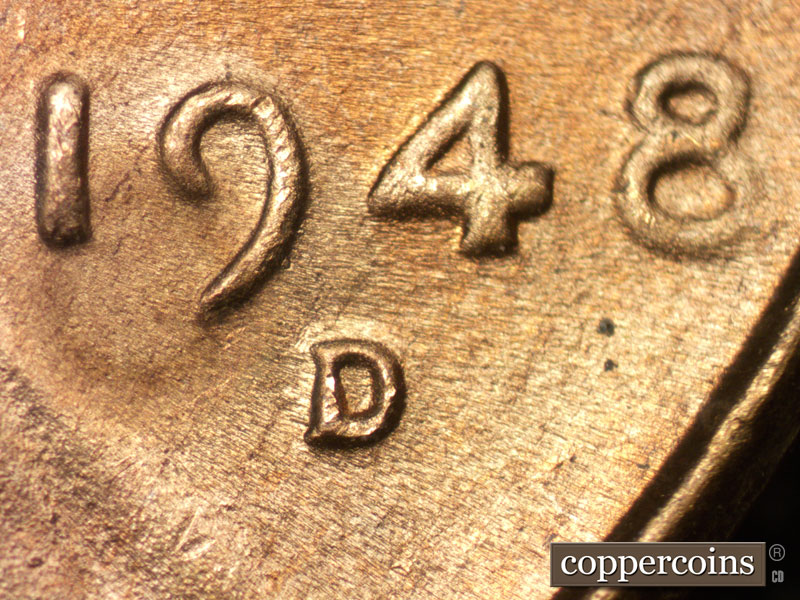 Die-stage C marker on 1948D•1DR•001 (1948 Doubled Die Reverse).