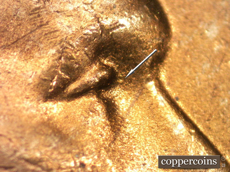 Die-stage C marker on 1948D•1DR•001 (1948 Doubled Die Reverse).