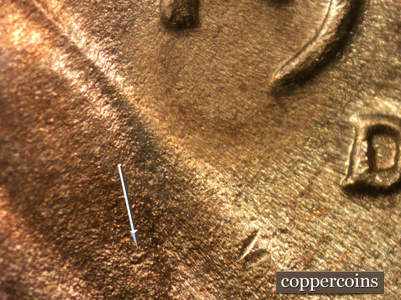 Die-stage C marker on 1948D•1DR•001 (1948 Doubled Die Reverse).