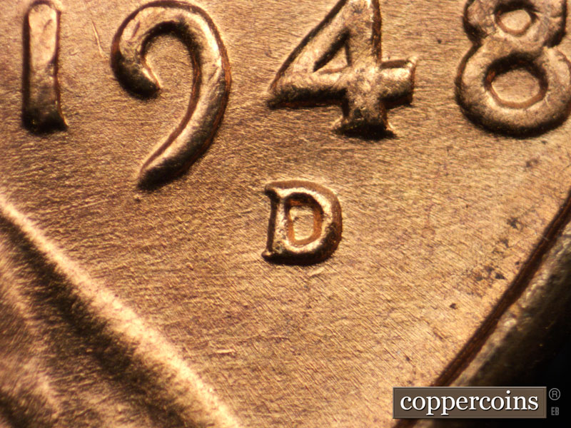 1948 Lincoln cent obverse, CopperCoins die 1948D•1MM•001.