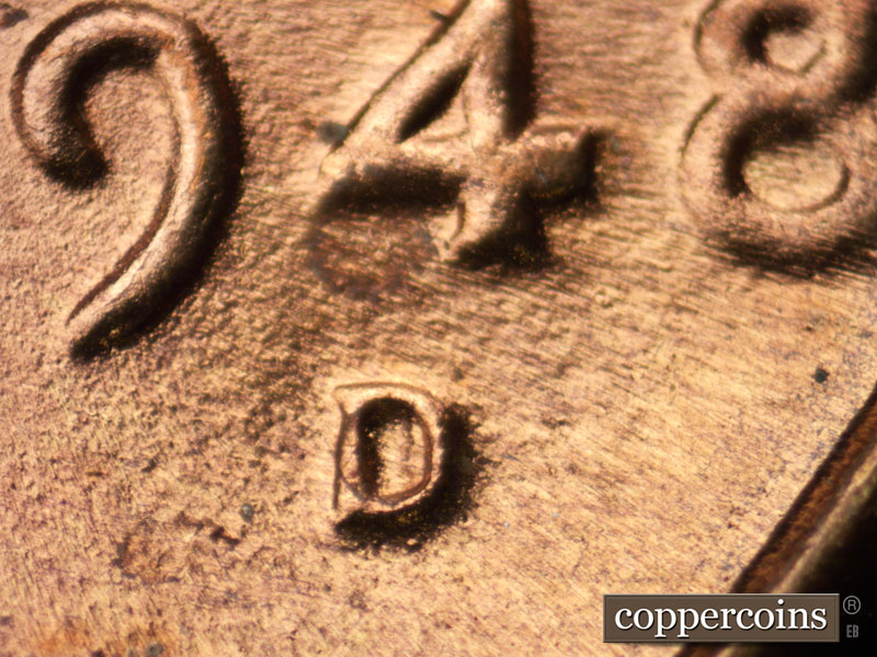 Die-stage C marker on 1948D•1MM•002 (1948 Repunched Mint Mark).