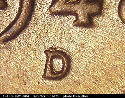 1948 Lincoln cent obverse, CopperCoins die 1948D•1MM•004.
