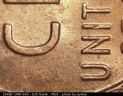 Die-stage B marker on 1948D•1MM•004 (1948 Repunched Mint Mark).