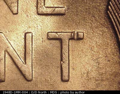 Die-stage B marker on 1948D•1MM•004 (1948 Repunched Mint Mark).