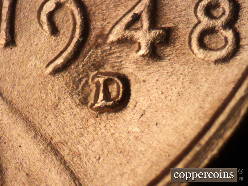 Die-stage C marker on 1948D•1MM•006 (1948 Repunched Mint Mark).