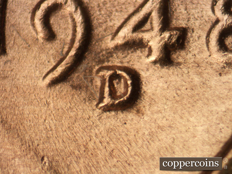 Die-stage C marker on 1948D•1MM•009 (1948 Repunched Mint Mark).