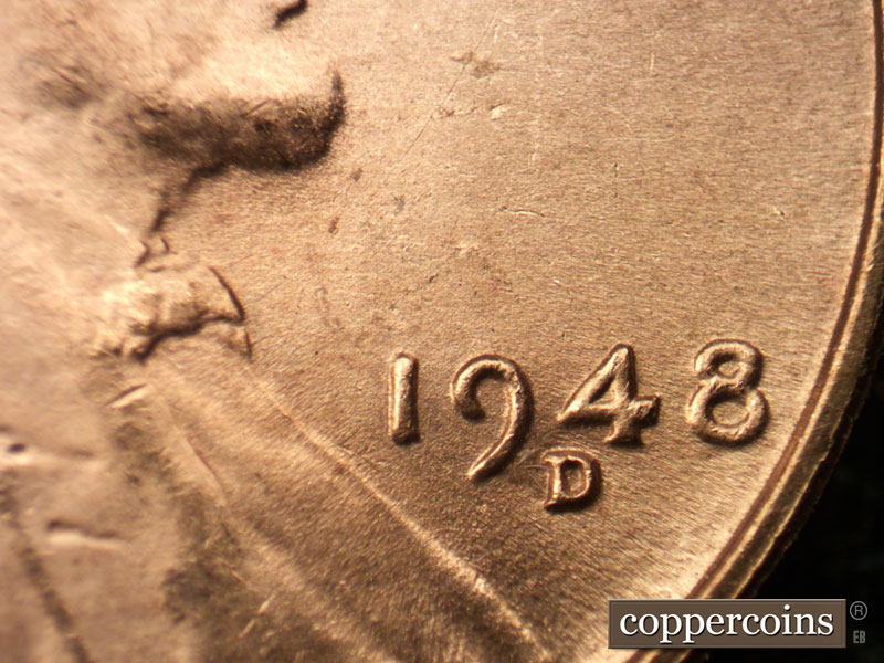 Die-stage C marker on 1948D•1MM•009 (1948 Repunched Mint Mark).