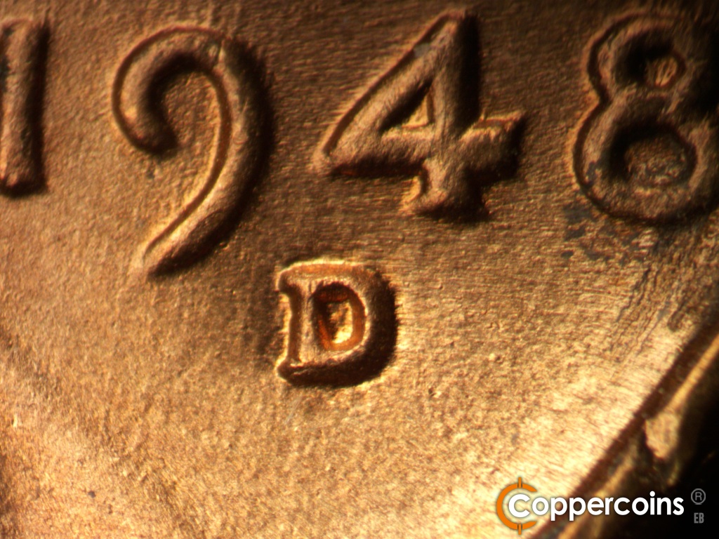 Die-stage B marker on 1948D•1MM•010 showing Closeup of repunched mint mark.