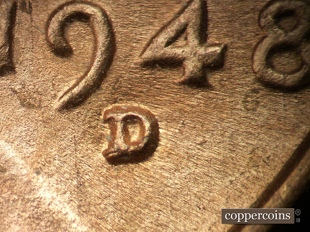 Die-stage B marker on 1948D•1MM•012 showing Closeup of repunched mintmark.