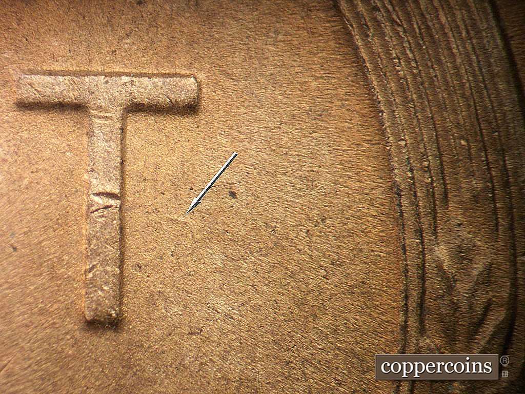 Die-stage B marker on 1948D•1MM•012 showing Small die gouge east of T in CENT.