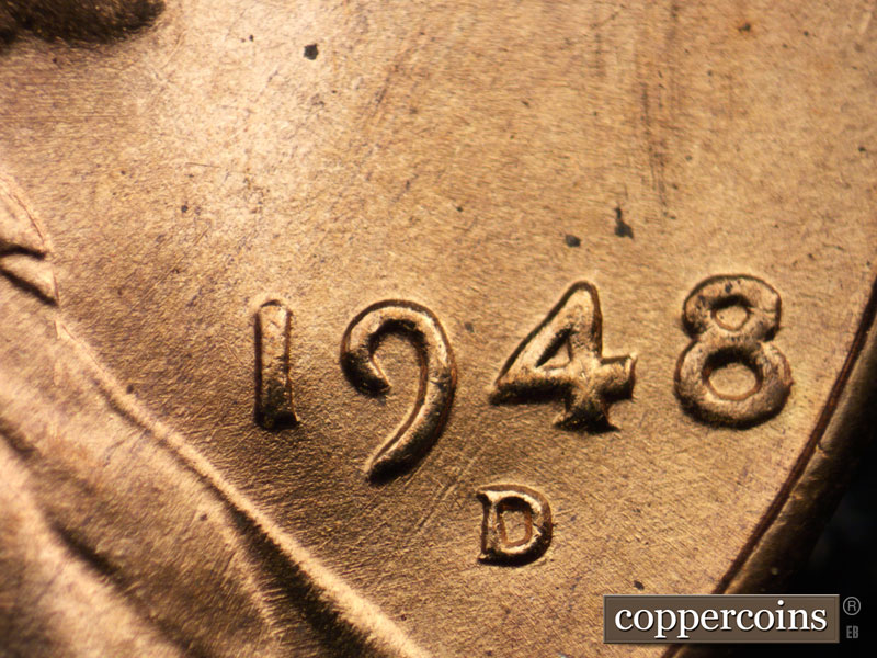 Die-stage B marker on 1948D•1MM•013 (1948 Repunched Mint Mark).