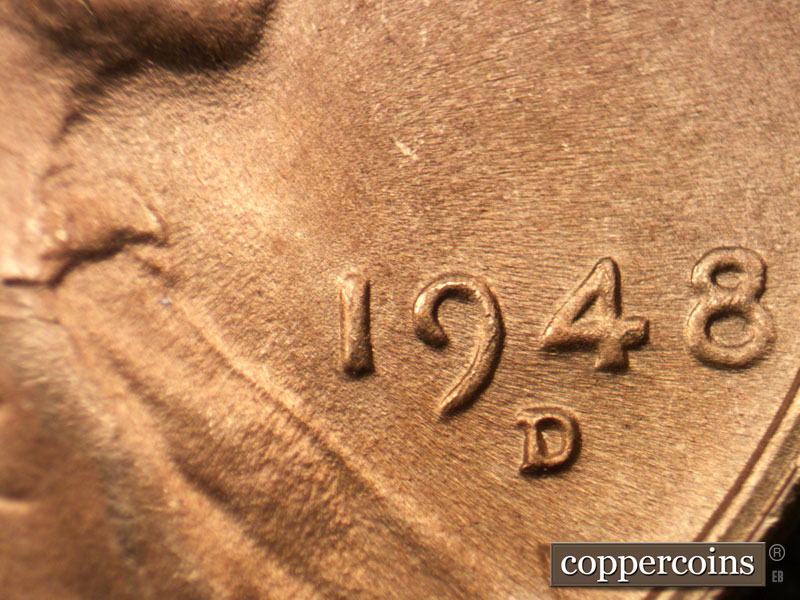 Die-stage C marker on 1948D•1MM•014 (1948 Repunched Mint Mark).