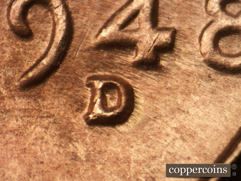 Die-stage C marker on 1948D•1MM•015 (1948 Repunched Mint Mark).