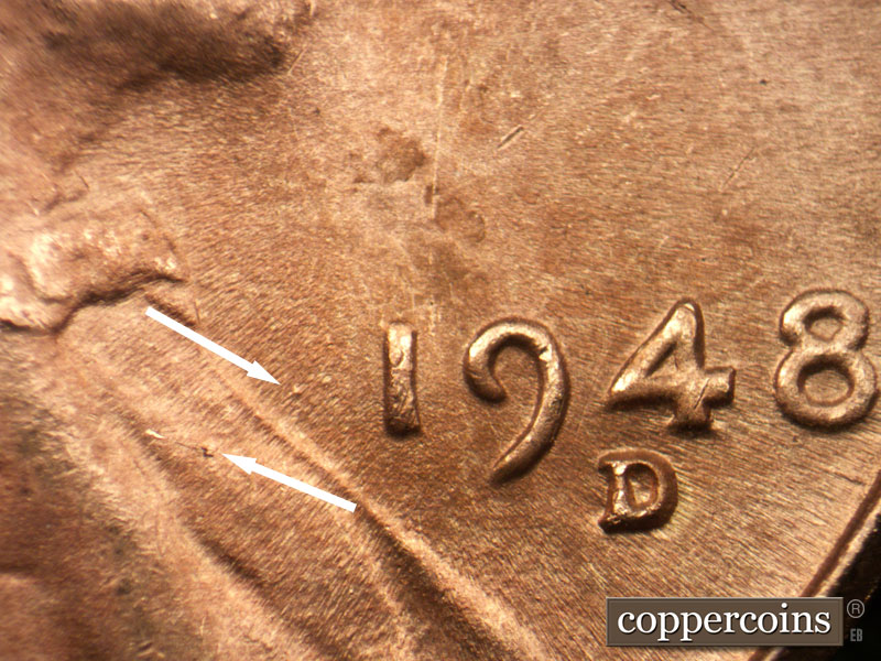 Die-stage C marker on 1948D•1MM•015 (1948 Repunched Mint Mark).