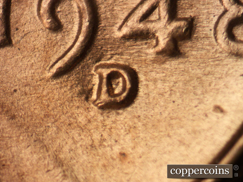 1948 Lincoln cent obverse, CopperCoins die 1948D•1MM•018.