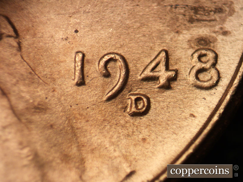 Die-stage B marker on 1948D•1MM•018 (1948 Repunched Mint Mark).