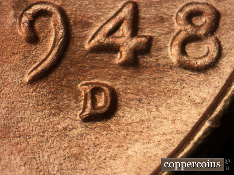 Die-stage C marker on 1948D•1MM•019 (1948 Repunched Mint Mark).