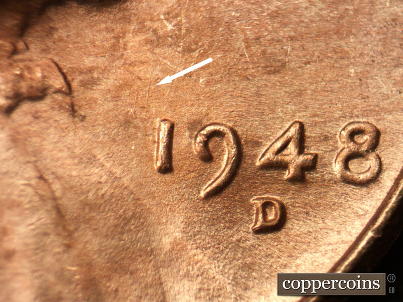 Die-stage C marker on 1948D•1MM•019 (1948 Repunched Mint Mark).